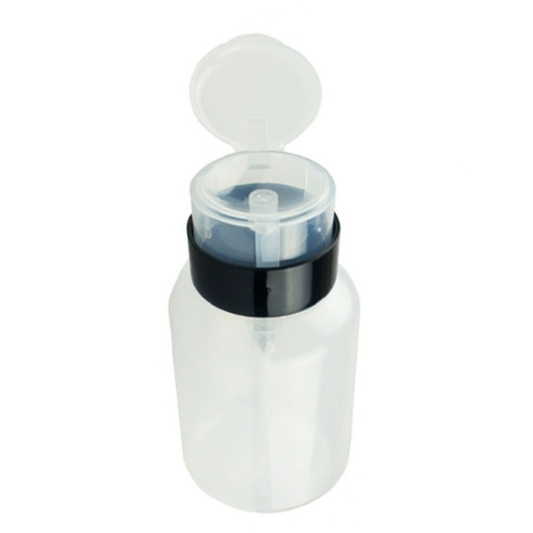 A translucent white plastic squeeze bottle with a flip-top lid, shown open against a plain white background.