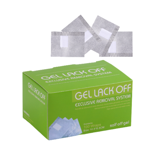 A green box labeled 'GEL LACK OFF EXCLUSIVE REMOVAL SYSTEM' with several silver square gel remover pads floating above it on a white background.