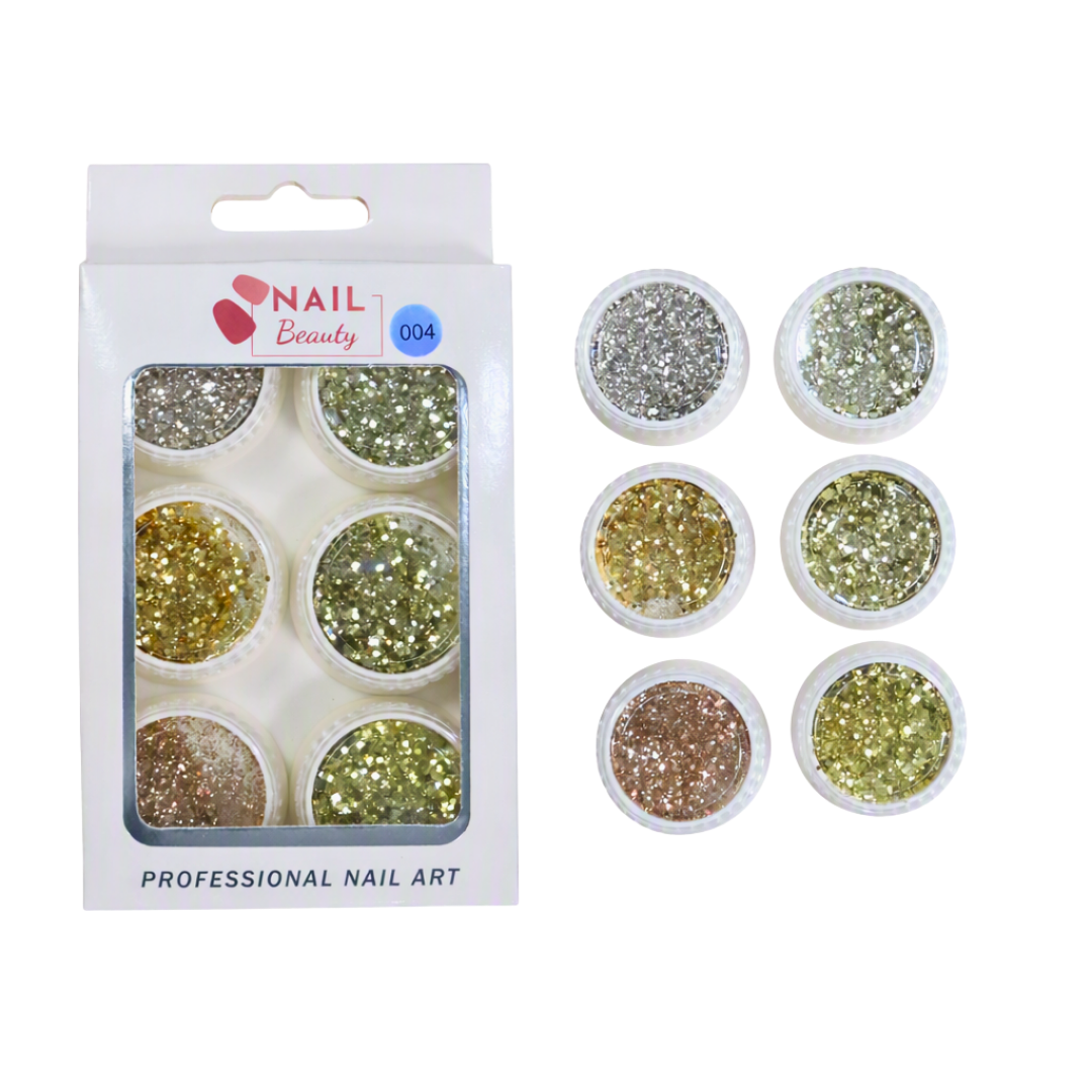 NAIL Beauty professional nail art glitter set in a white box, shown next to six loose round pots of glitter in silver, green, gold, bronze, and olive shades on a white background.