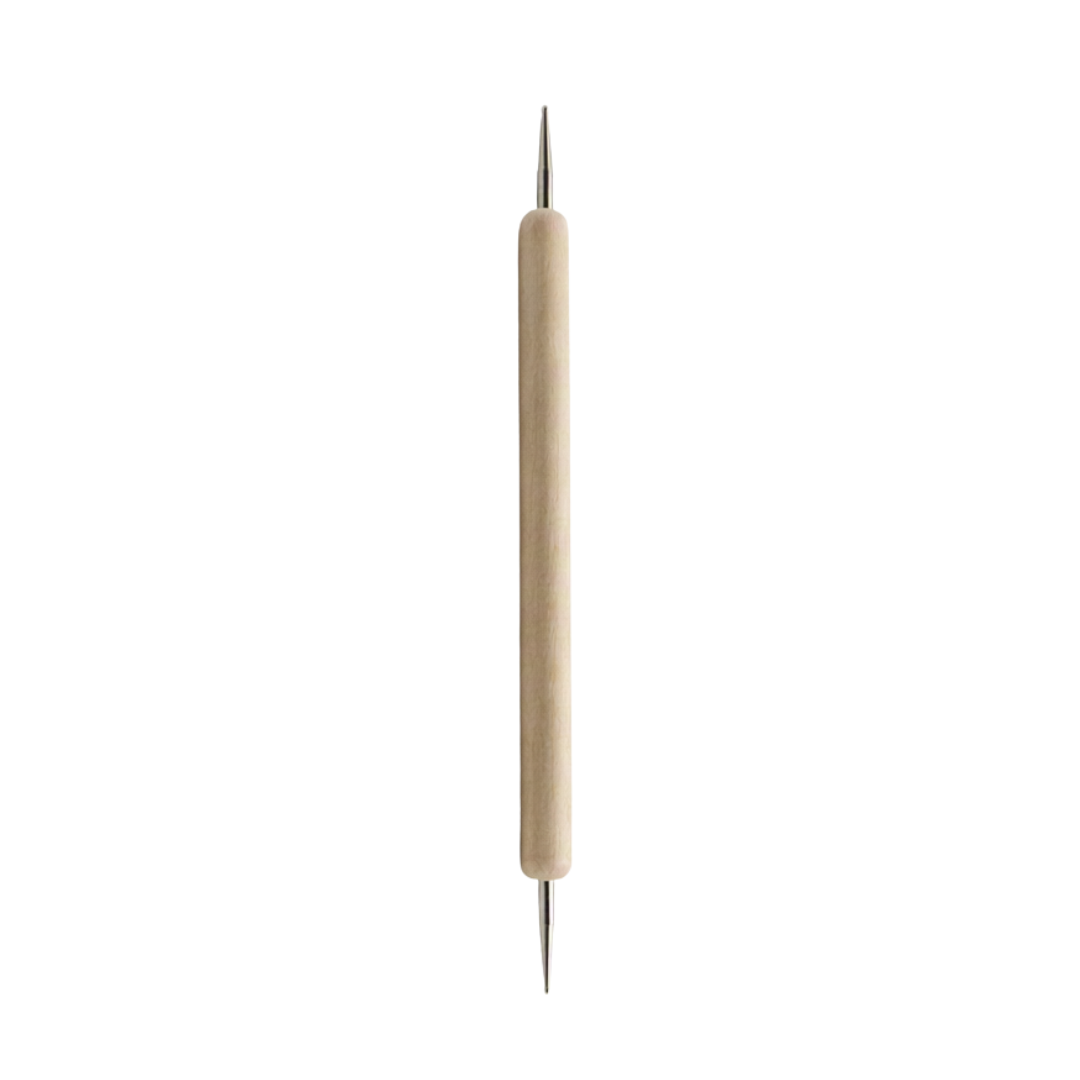 A double-ended wooden nail art dotting tool with a light natural wood handle and sharp metal tips at both ends, shown vertically on a plain white background.