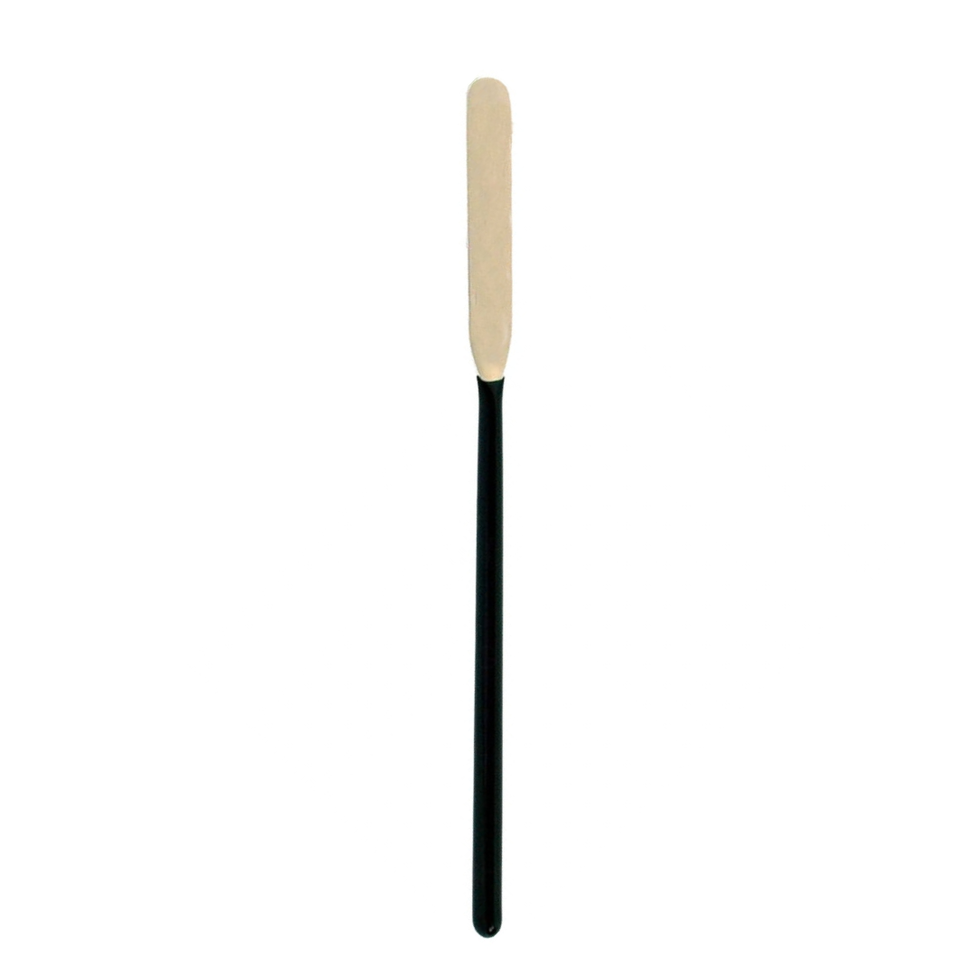 A flat spatula with a black handle and a light beige metal blade, shown vertically against a plain white background.