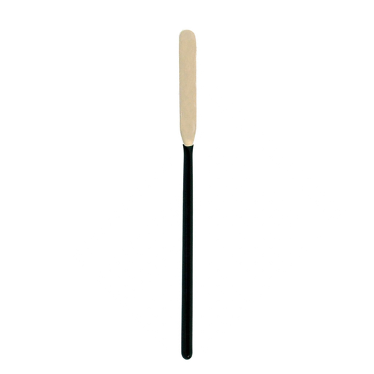 A flat spatula with a black handle and a light beige metal blade, shown vertically against a plain white background.