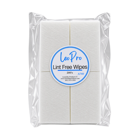 A package of 200 lint-free wipes by LeoPro, sealed in clear plastic packaging with a circular blue and white label in the center.