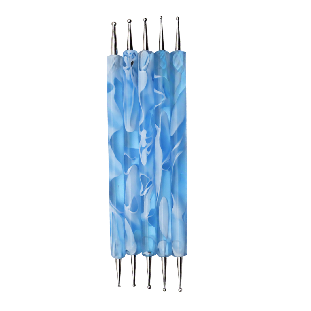 Five-handled marbled blue acrylic nail art tool set with silver metal tips, shown against a plain white background.