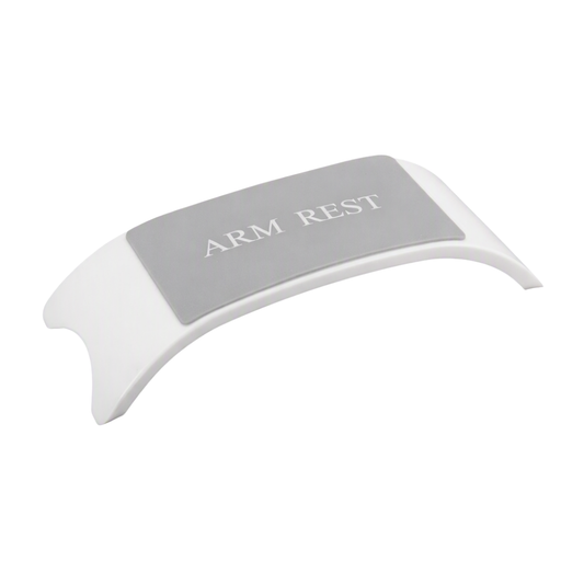 A white curved arm rest with a gray top pad featuring the text 'ARM REST' in white, shown on a plain white background.