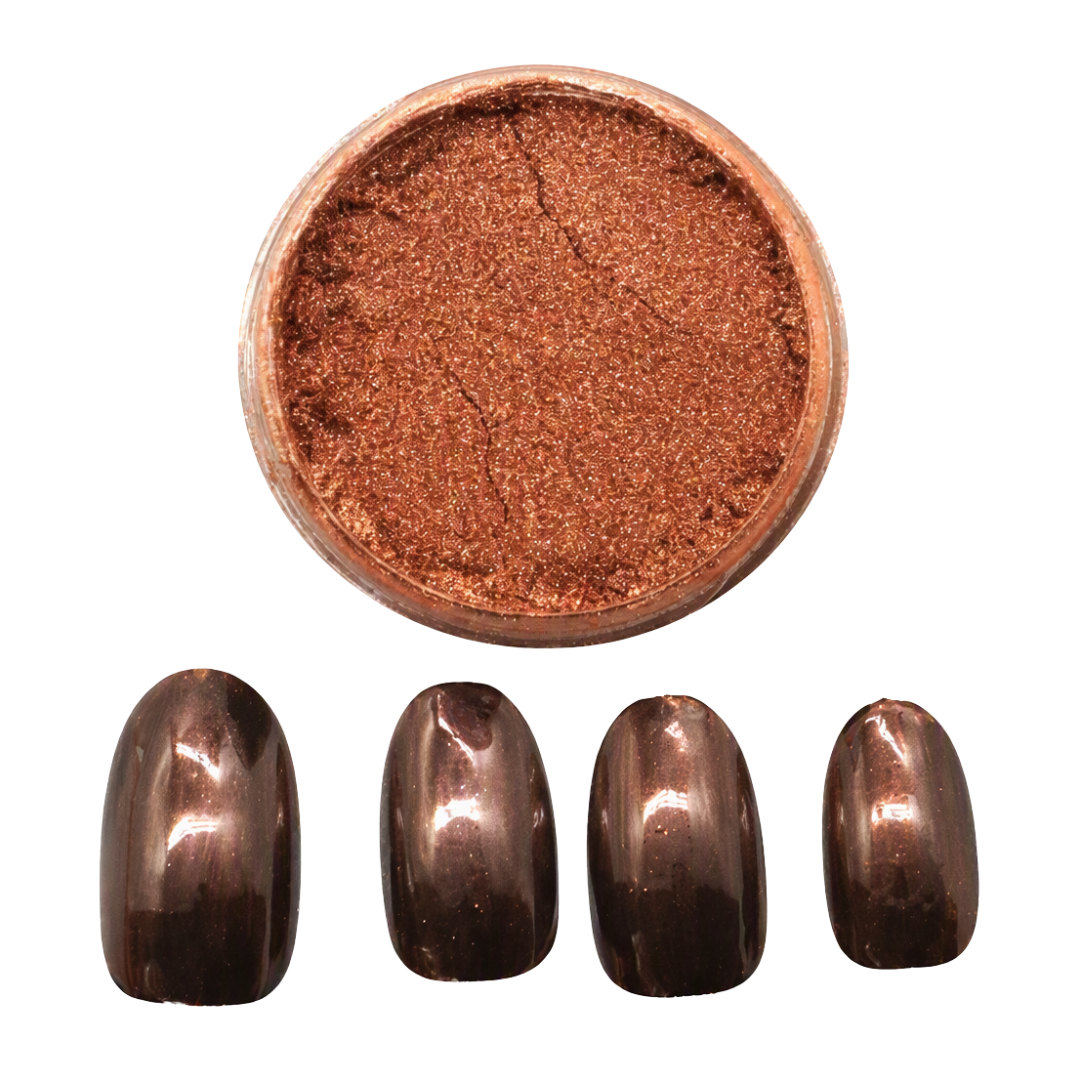 A round pot of shimmering copper-brown chrome nail powder above four glossy dark metallic nail swatches on a plain white background.