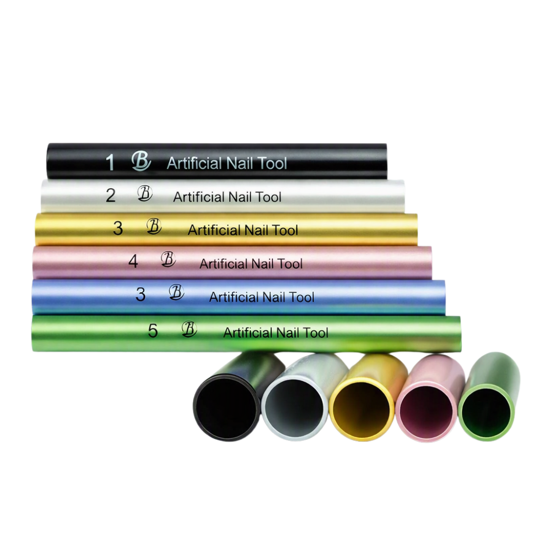 Five metallic nail c-curve tubes in black, silver, gold, pink, and blue, stacked above five matching open tubes showing the interior, on a white background. White text on the tubes reads '1-5 Artificial Nail Tool'.