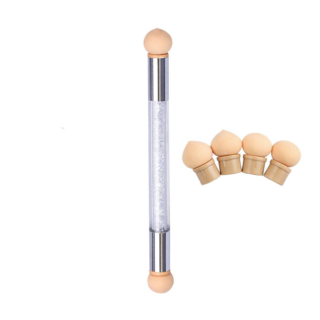 A double-ended nail art brush with a clear glitter-filled barrel and beige silicone brush heads, shown alongside four additional brush heads on a plain white background.