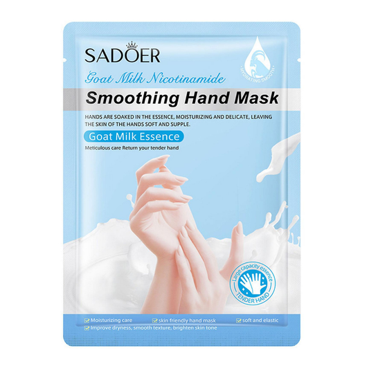 Sadoer Goat Milk Nicotinamide Smoothing Hand Mask in a light blue and white foil packet, featuring a graphic of hands soaking in hand essence with milk splashes.