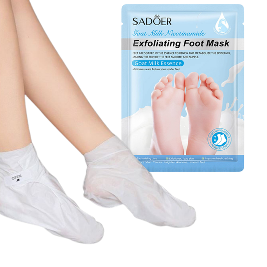 A person's feet and lower legs wearing translucent white exfoliating foot masks, shown next to the blue and white SADOER exfoliating foot mask pouch packaging.