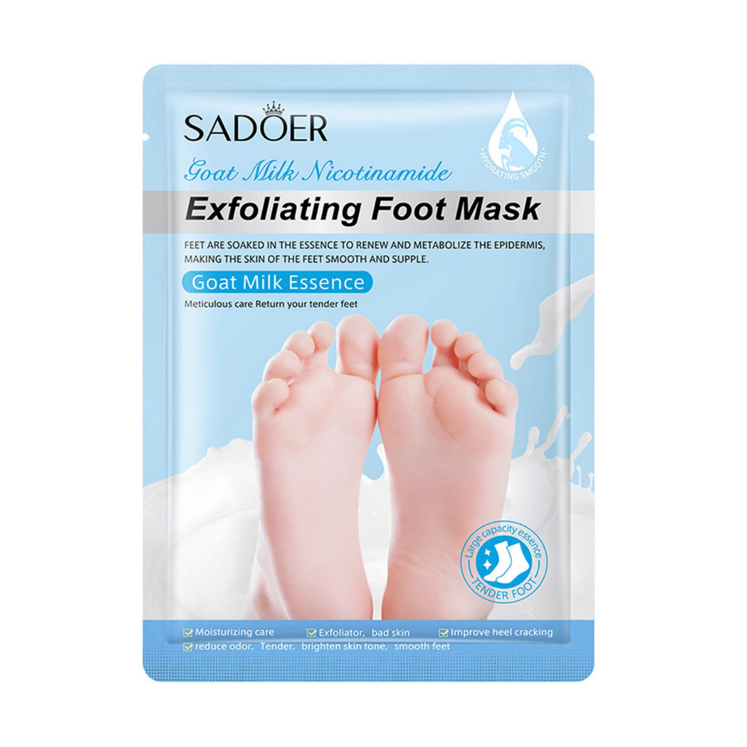 SADOER Goat Milk Nicotinamide Exfoliating Foot Mask in a light blue and white foil pouch, featuring a graphic of bare feet on the front.