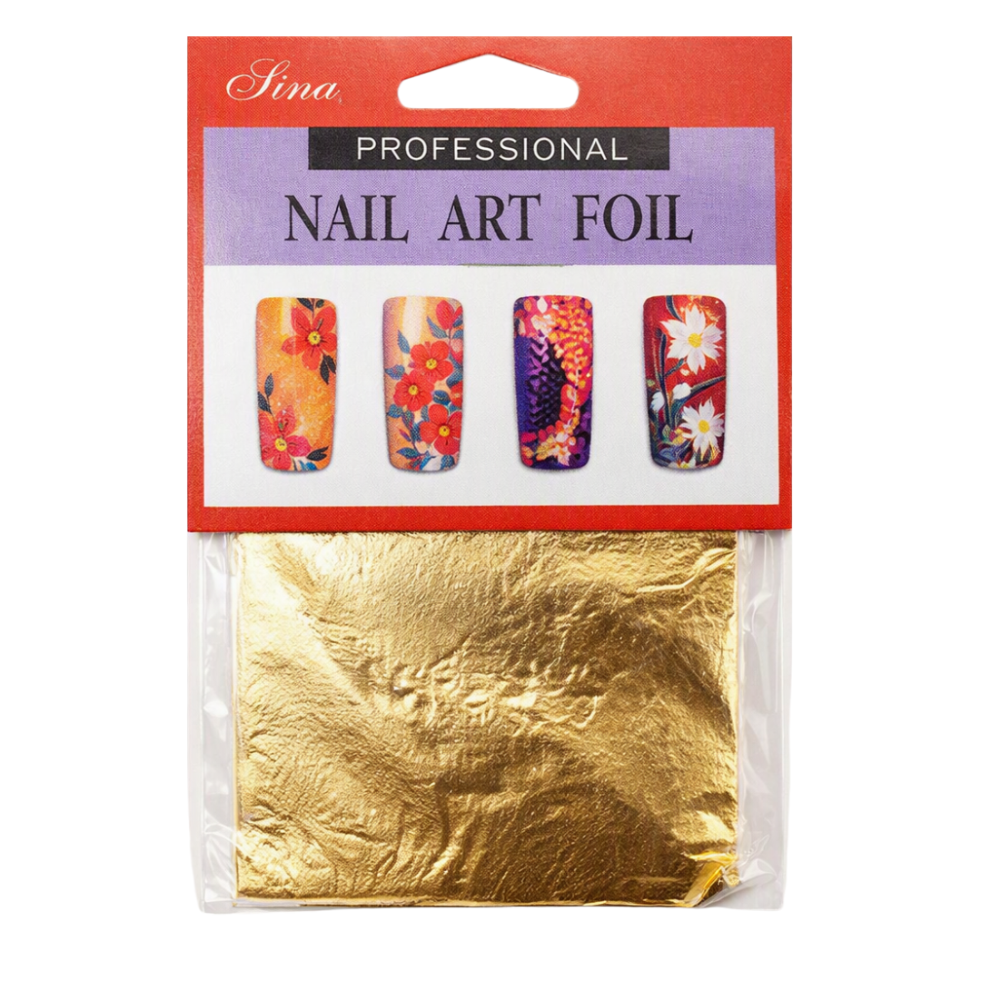 Sina Professional Nail Art Foil in a clear plastic bag with a red and purple cardboard header card. The foil inside is crinkled metallic gold, and the header card displays four colorful floral nail art examples.