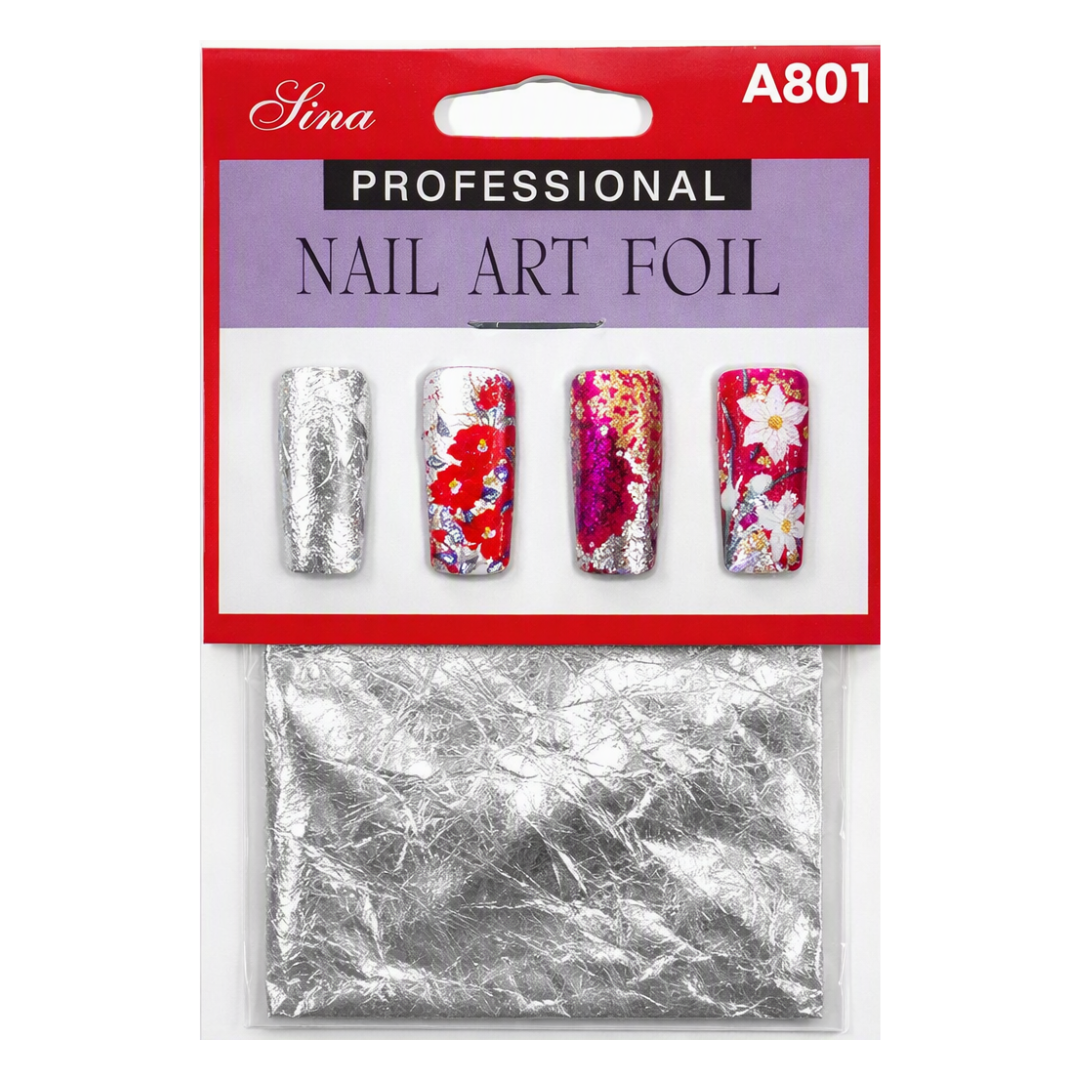 Sina Professional Nail Art Foil in package A801, featuring four sample nail designs with silver foil and floral patterns, above a clear bag of crinkled silver foil on a white background.