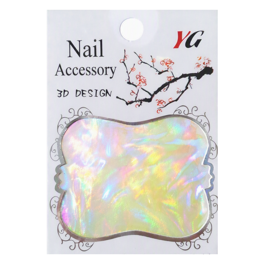 A 3D holographic nail art foil in its original retail packaging. The accessory features an iridescent, rainbow-reflective surface with a scalloped border.