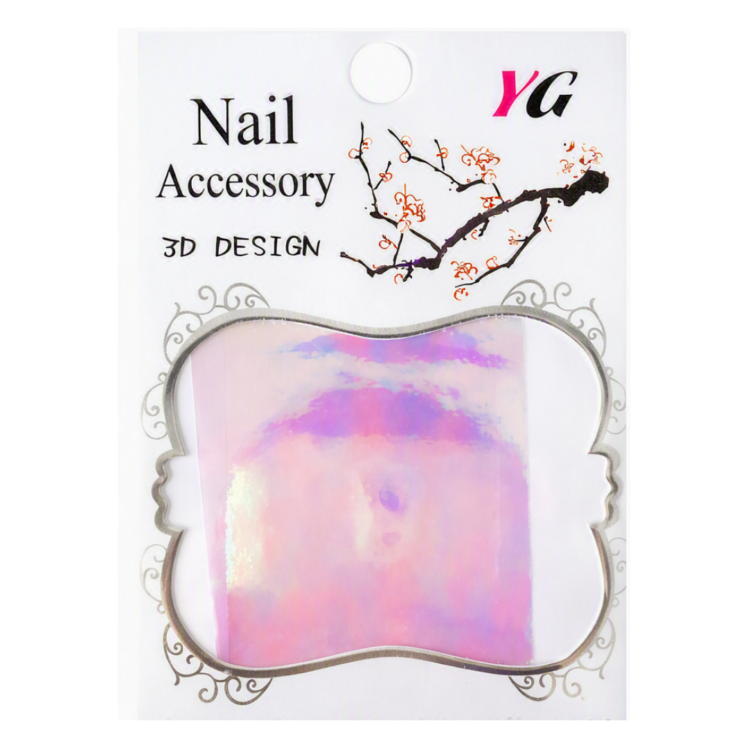 Nail art foil sheet in a decorative white card package with the text 'Nail Accessory 3D DESIGN' and a pink iridescent holographic nail sheet visible through a scalloped window.
