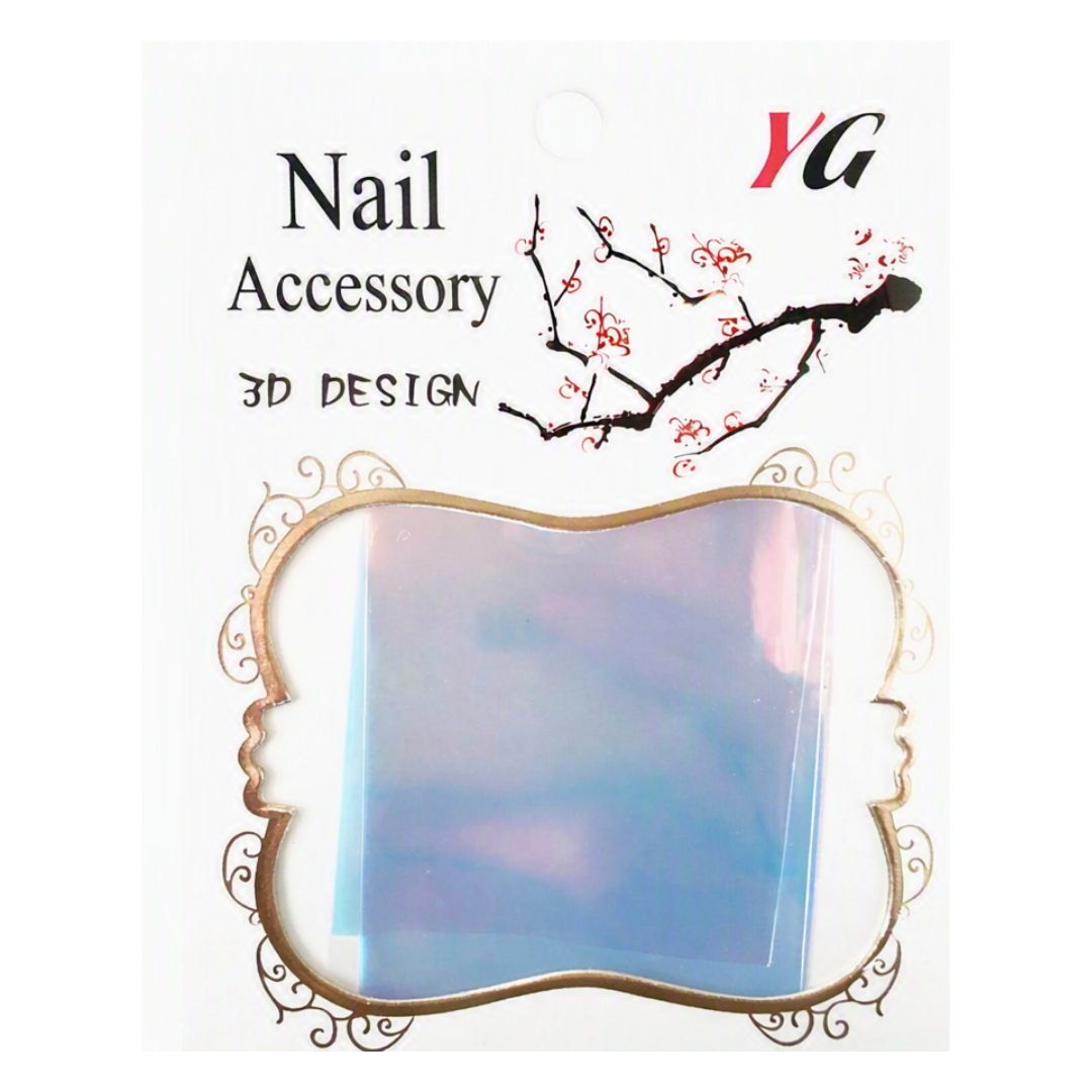 Nail art foil 3D design sheet in a decorative gold-bordered frame, packaged on a white card with 'Nail Accessory 3D DESIGN' text and a red YG logo.