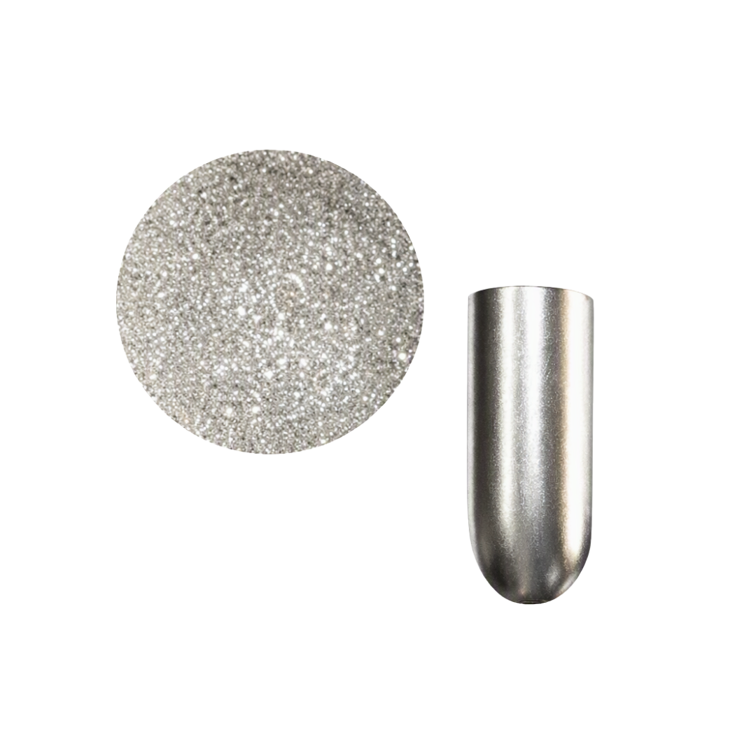 A circular close-up of a silver glitter chrome nail powder shown next to a metallic silver nail swatch on a plain white background.