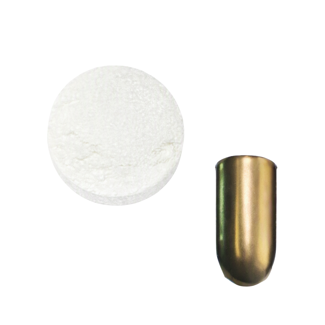 A round pot of shimmering chrome nail powder next to a glossy gold nail swatch on a plain white background.