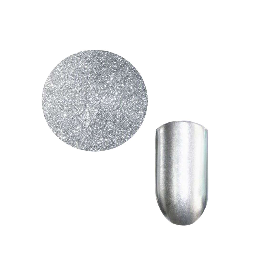 A silver glitter circular swatch and a matching silver metallic nail tip swatch on a plain white background.