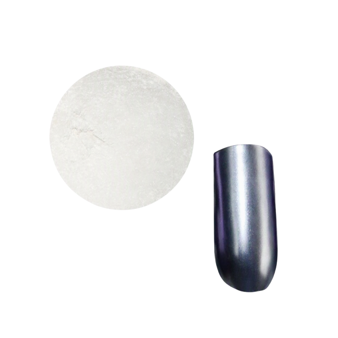 A round pot of shimmering white chrome nail powder next to a glossy silver blue nail swatch on a plain white background.