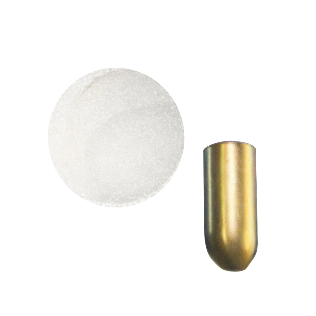 A round pot of shimmering chrome nail powder next to a glossy gold nail swatch on a plain white background.