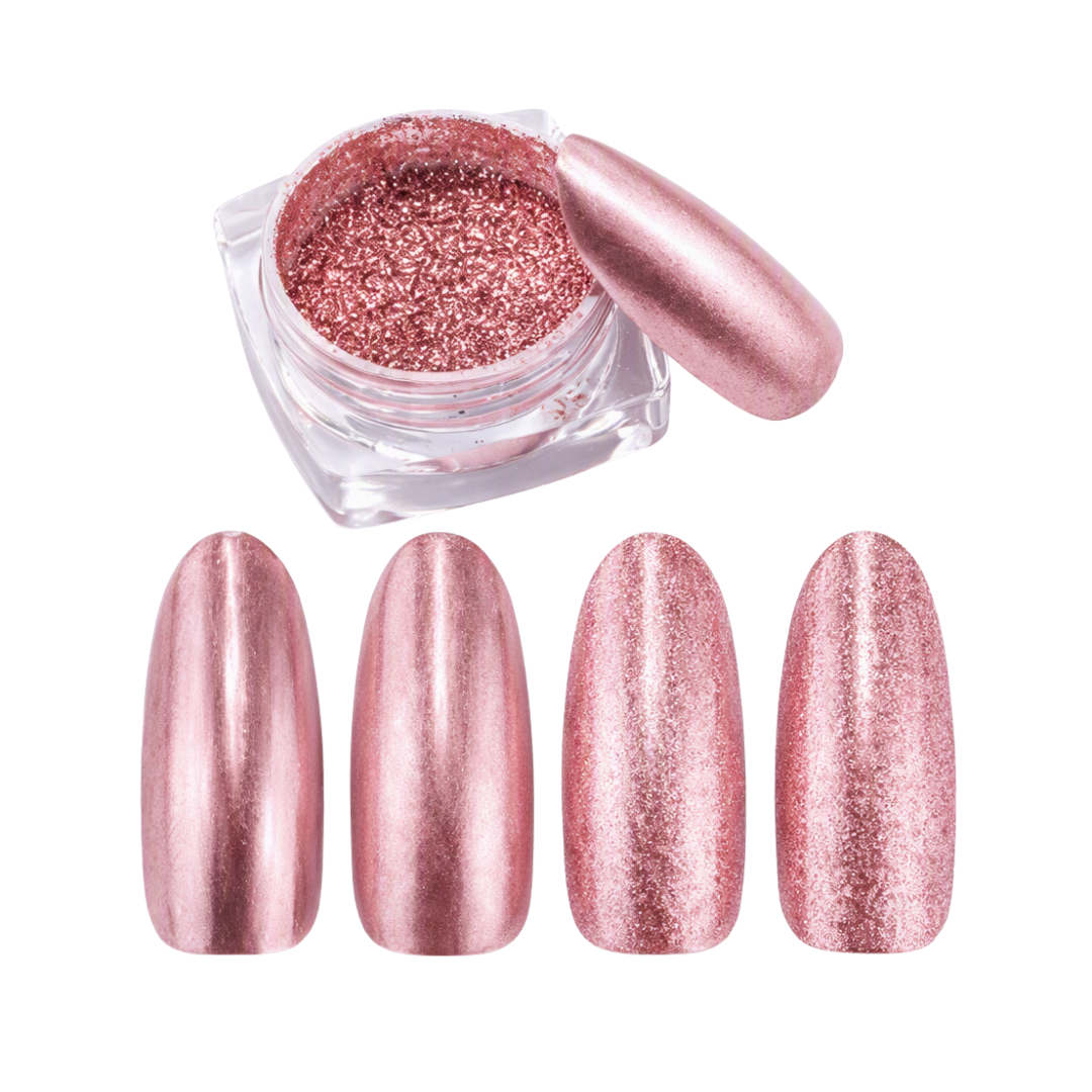 A round pot of shimmering rose gold chrome nail powder above four glossy pink rose gold nail swatches on a plain white background.