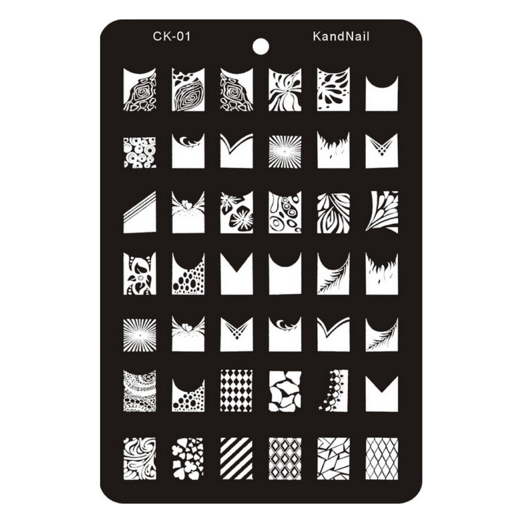 A black rectangular nail stamping plate with rounded corners, featuring a grid of white stencil patterns and sample shapes. The top of the plate is printed with the text 'CK-01' and 'KandNail'.