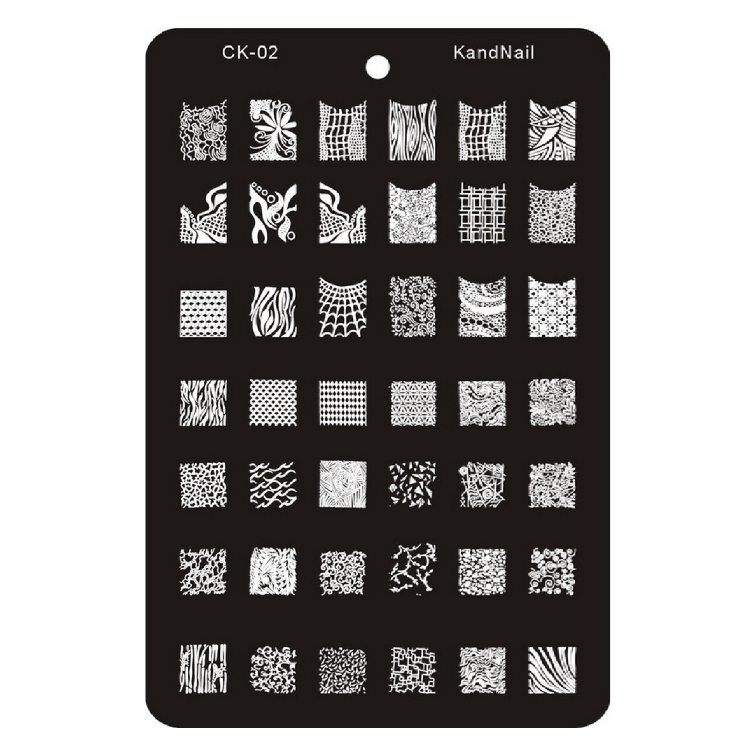 KandNail CK-02 nail stamping plate with 36 white pattern templates on a black metal sheet, shown against a plain white background.