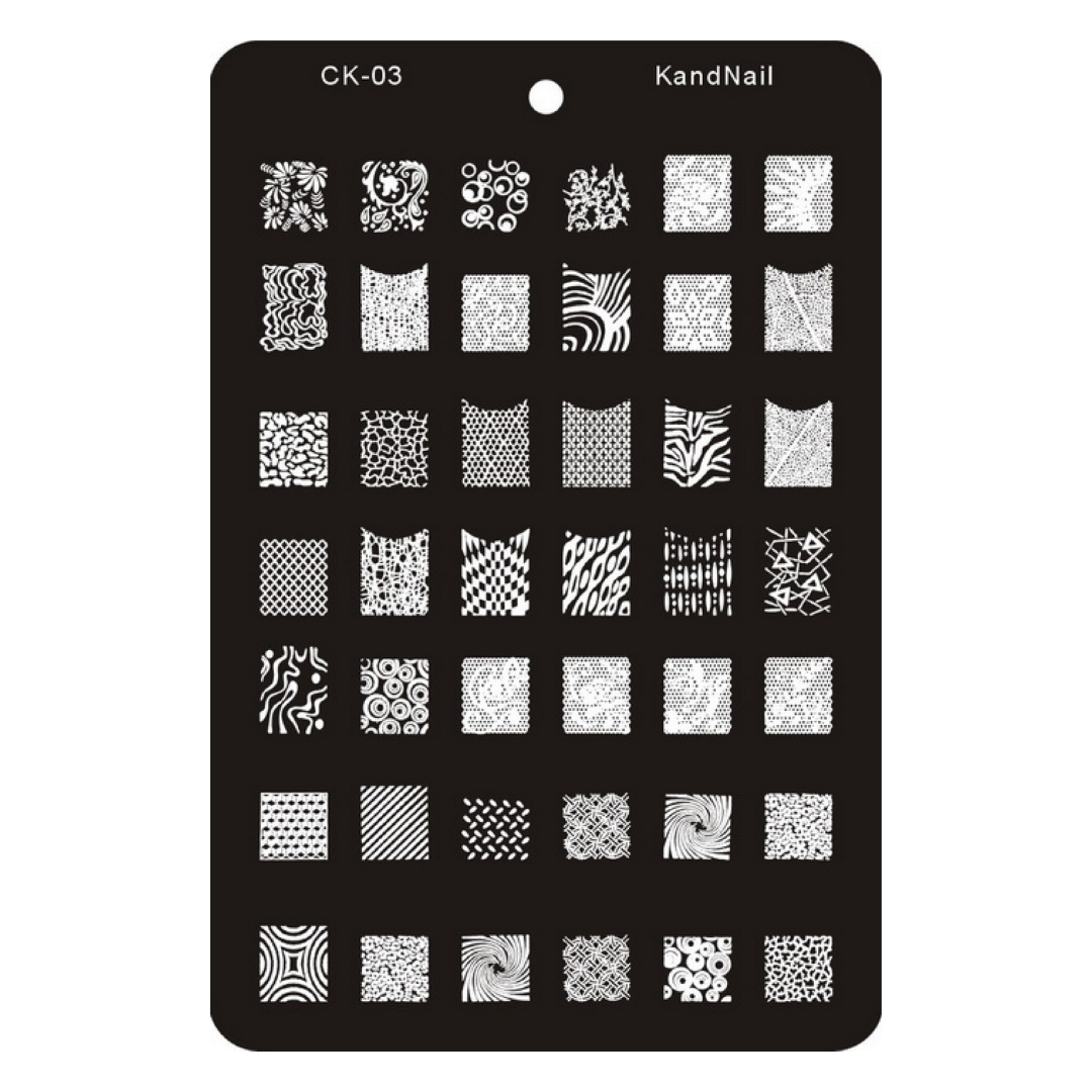 A black nail stamping plate with multiple white geometric and floral pattern templates, labeled 'CK-03' and 'KandNail' at the top, shown on a plain white background.