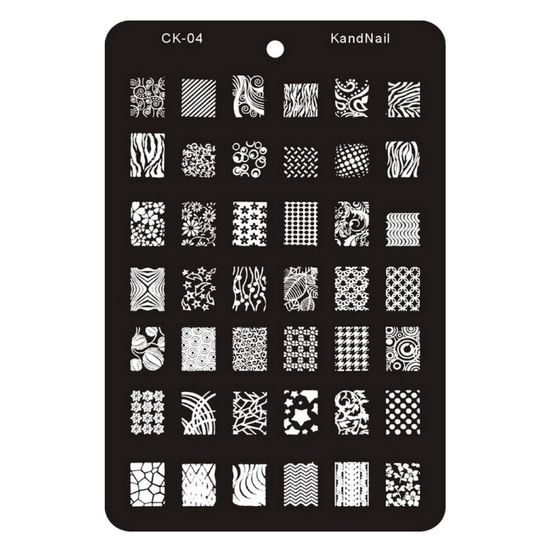 A black rectangular nail stamping plate with rounded corners, labeled CK-04 and KandNail at the top, featuring a grid of white sample patterns for nail designs.