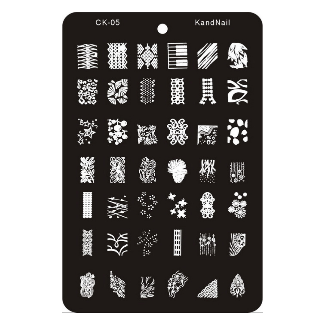 A black rectangular nail stamping plate with a grid of white decorative and floral nail pattern templates. The plate has the text 'CK-05' and 'KandNail' printed at the top, set against a plain white background.