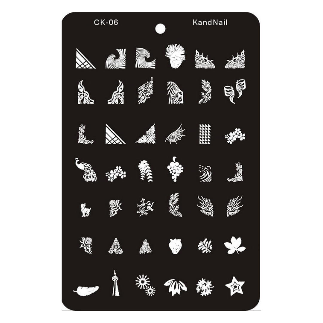 A black nail stamping plate with various white floral, leaf, and geometric nail art designs, labeled with 'CK-06' and 'KandNail' at the top.