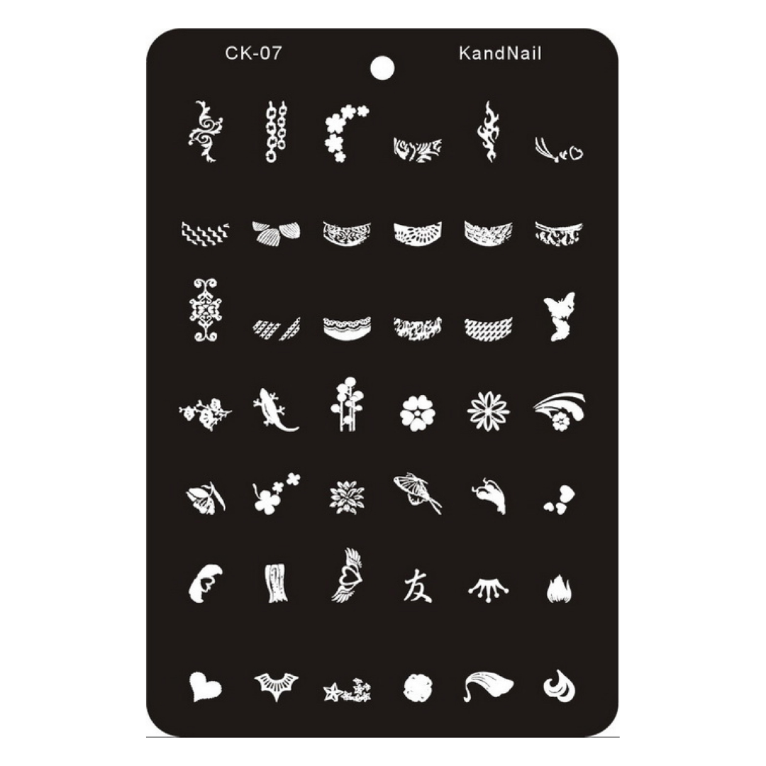 A black nail stamping plate with white engraved nail design templates, labeled 'CK-07' and 'KandNail' at the top, shown on a plain white background.