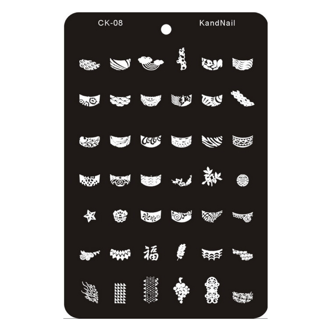 A black nail stamping plate card labeled 'CK-08' and 'KandNail', featuring multiple white engraved decorative nail pattern templates arranged in rows on a plain white background.