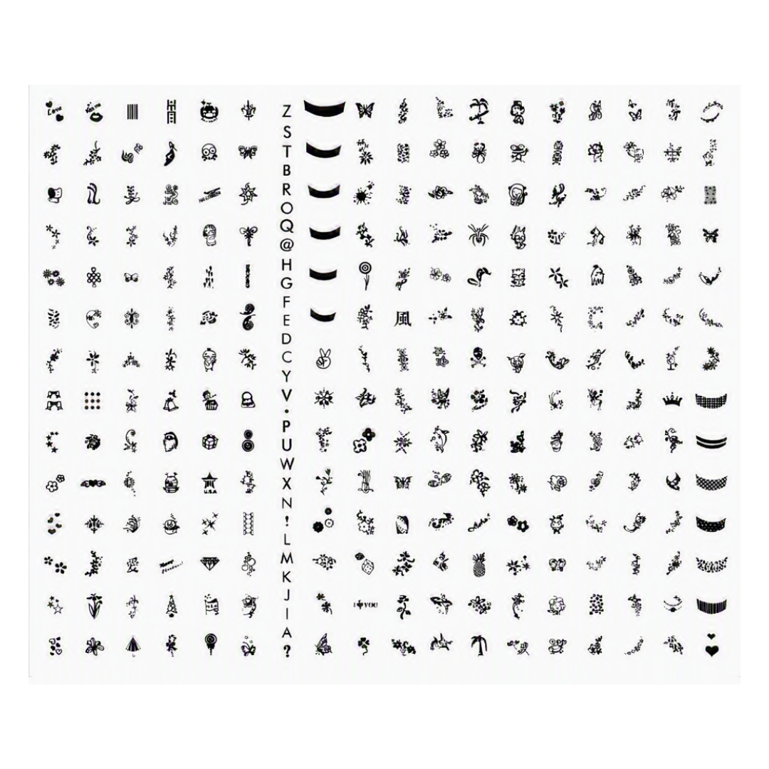 A metal sheet of black nail art stamping designs featuring various abstract, curved, and geometric symbols arranged in columns on a white background.