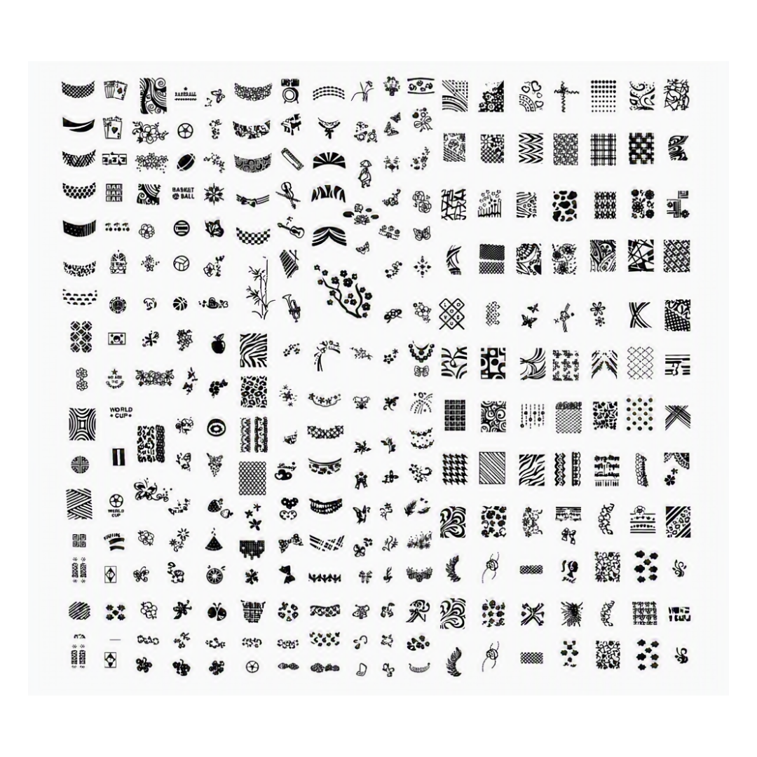 A sheet of black nail art stamping designs arranged in a grid on a white background, featuring various patterns, symbols, and motifs.