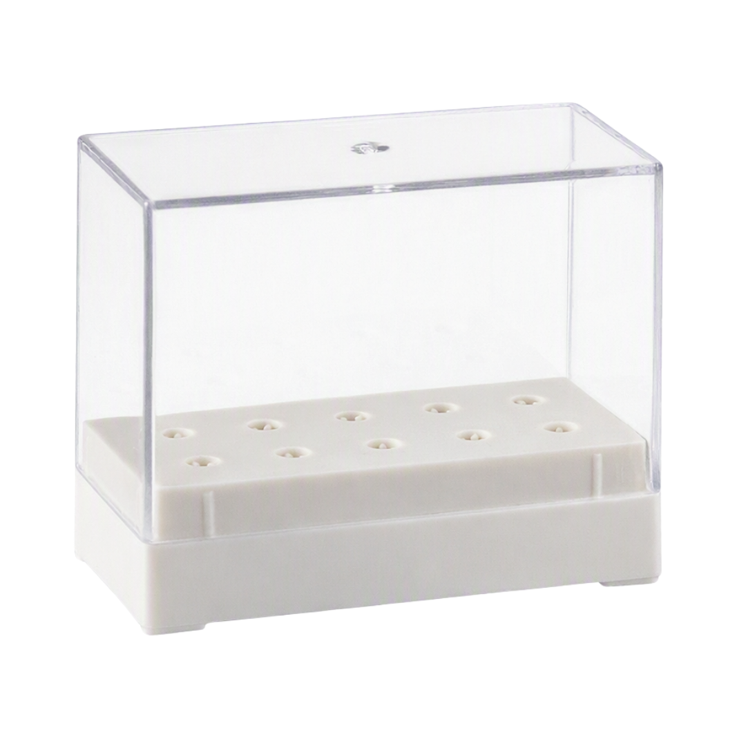 A clear acrylic rectangular display case with a white plastic base featuring multiple circular pinholes, shown on a plain white background.