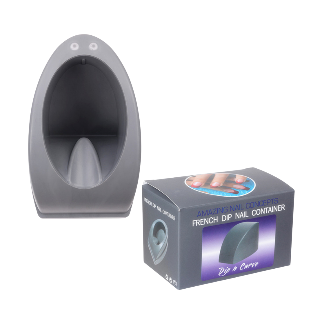 A gray novelty French dip nail container shaped like a urinal, shown next to its retail packaging box on a plain white background.