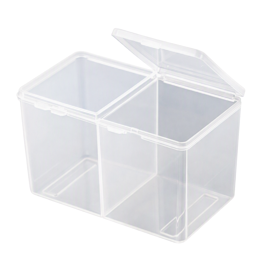 A clear plastic dual-compartment storage box with a hinged lid, shown on a plain white background.