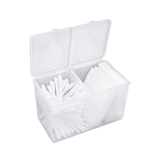 A clear plastic compartment storage box with an open lid, containing white cotton swabs and white pads, isolated on a white background.