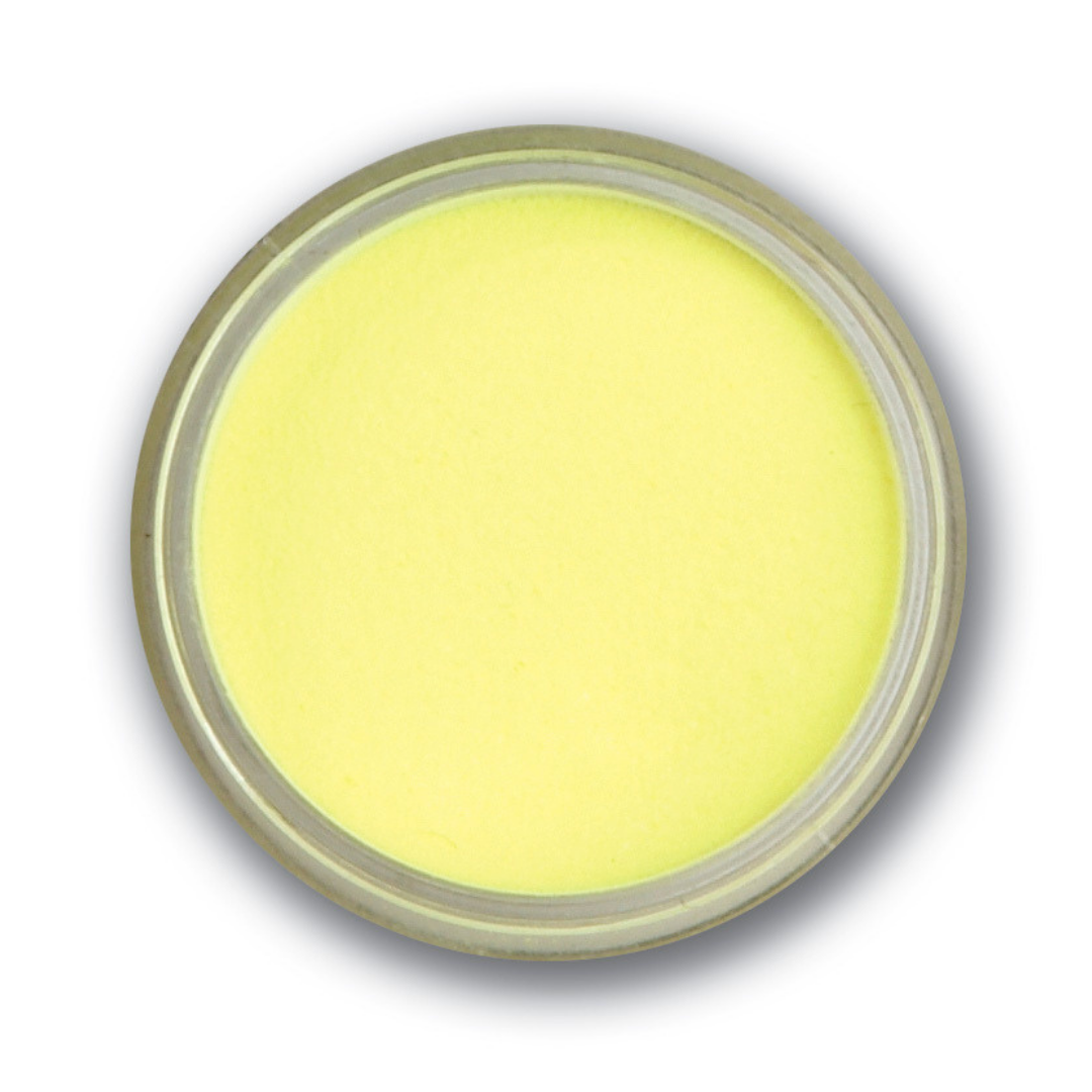 A round clear plastic jar filled with bright neon yellow Supernail acrylic powder, shown from a top-down view on a white background with a soft drop shadow.