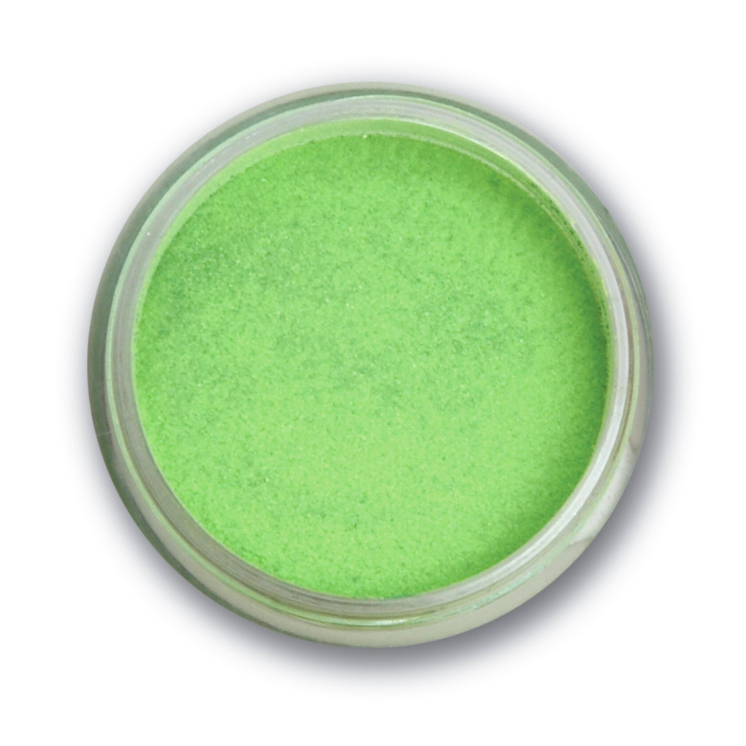 A top-down view of a round clear plastic jar filled with bright lime green glitter Supernail acrylic powder, set against a plain white background with a soft drop shadow.