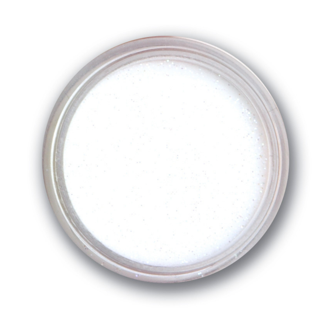 A round clear plastic jar filled with a white and silver glitter Supernail acrylic powder, shown from a top-down view on a white background.