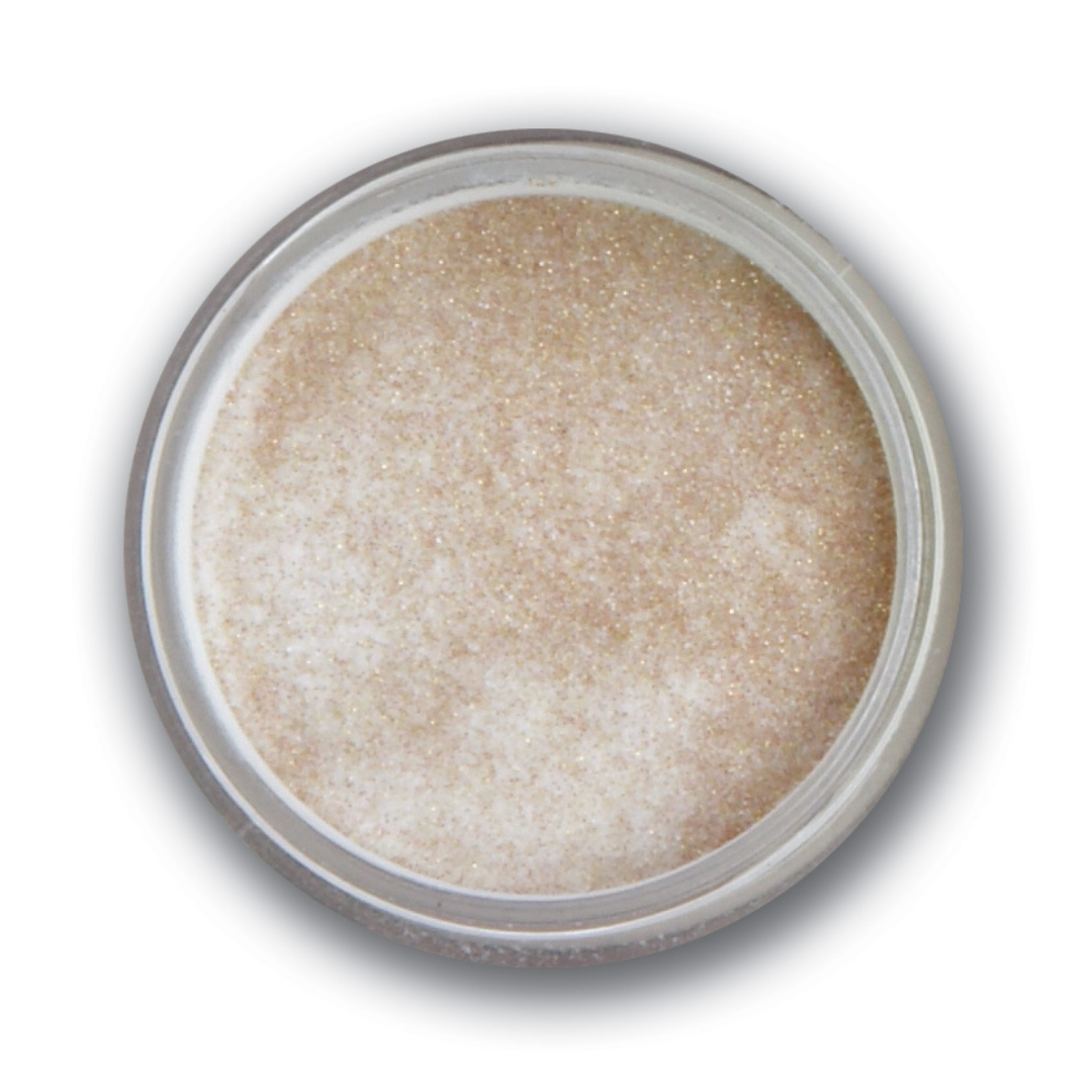 A top-down view of a small round jar filled with fine, sparkling Supernail acrylic powder in a warm champagne beige shade, set against a plain white background.