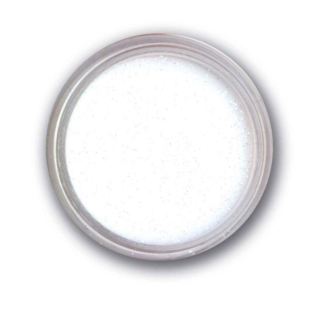 A top-down view of a small round clear plastic jar filled with white glittery Supernail acrylic powder, set against a plain white background with a soft drop shadow.