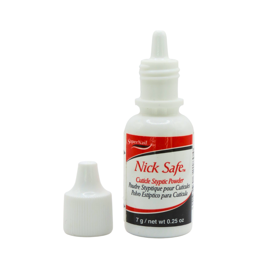 A bottle of SuperNail Nick Safe Cuticle Styptic Powder with its cap removed and placed beside it on a plain white background.