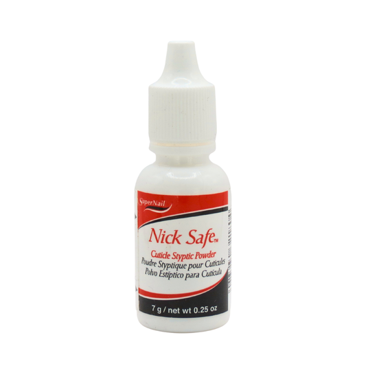 A small white bottle of Nick Safe Cuticle Stypic Powder with a white dropper cap and a red and black label, shown on a plain white background.