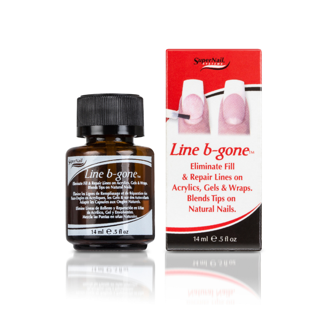 SuperNail Line b-gone nail fill liquid bottle and its retail box on a white background with a reflection.