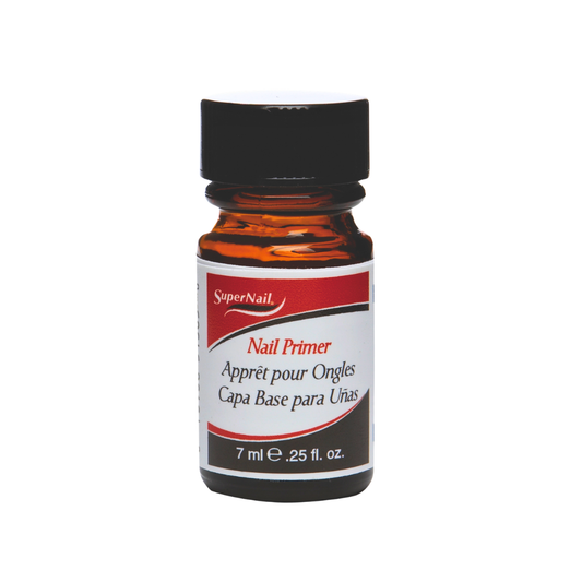 Supernail Nail Primer for acrylic nails in a brown bottle with white and red label