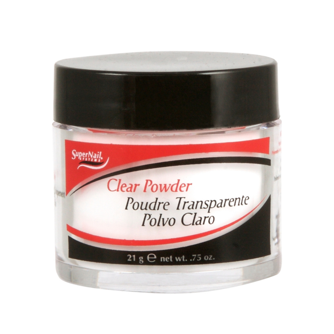 A jar of SuperNail Acrylic Clear Powder nail dusting pigment with a black lid and a white, red, and black label, shown on a plain white background.